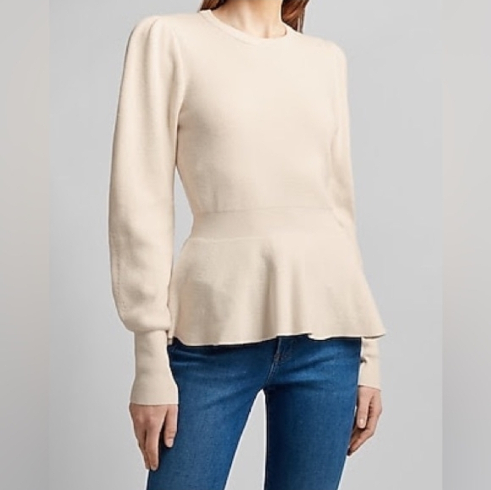 Express Cream Puffy Sleeve Peplum Sweater
